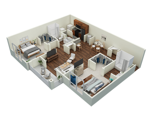 a 3d floor plan of a bedroom with beds